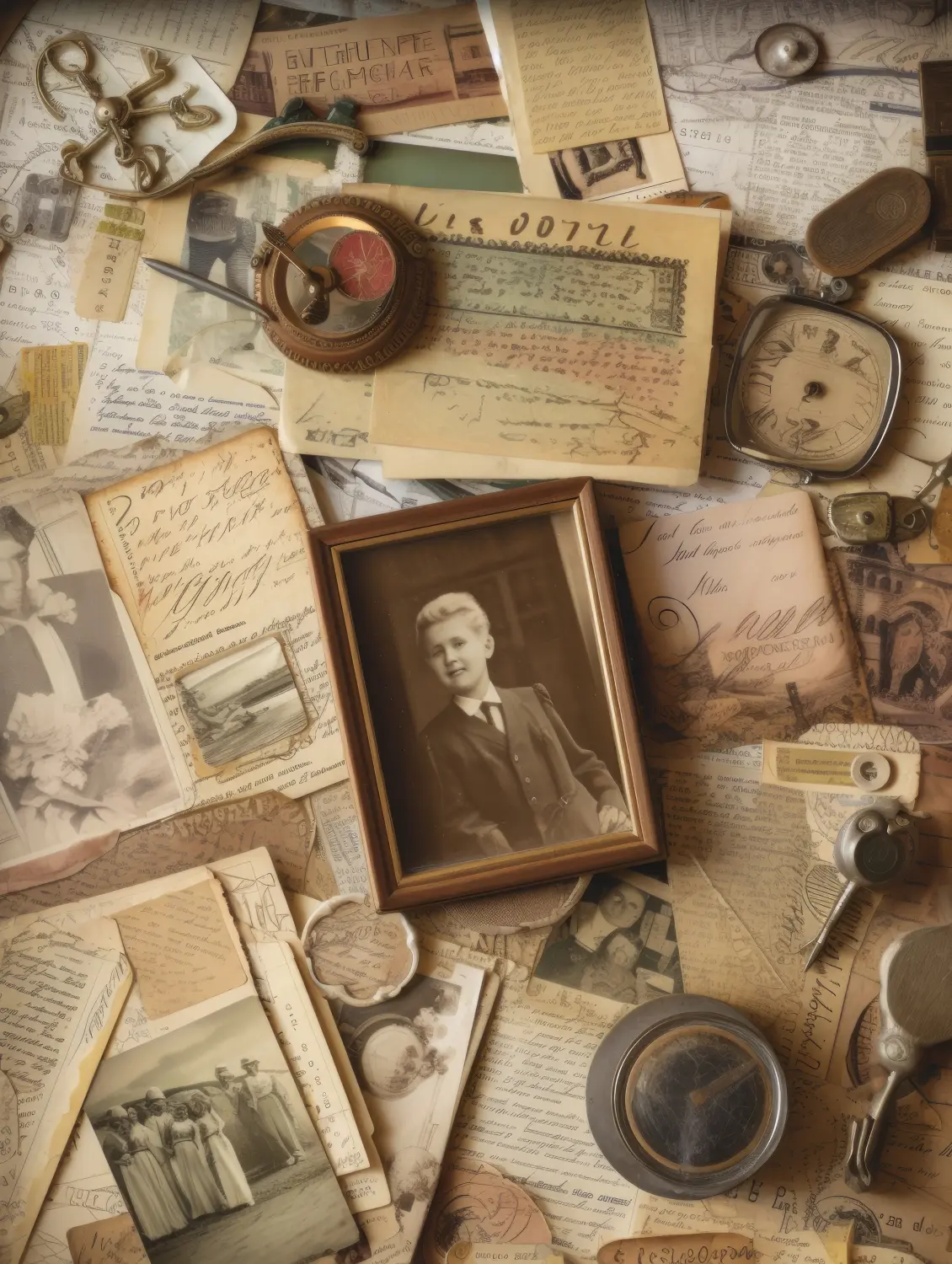 Eine nostalgische Sammlung von Vintage-Fotografien und Erinnerungsstücken.